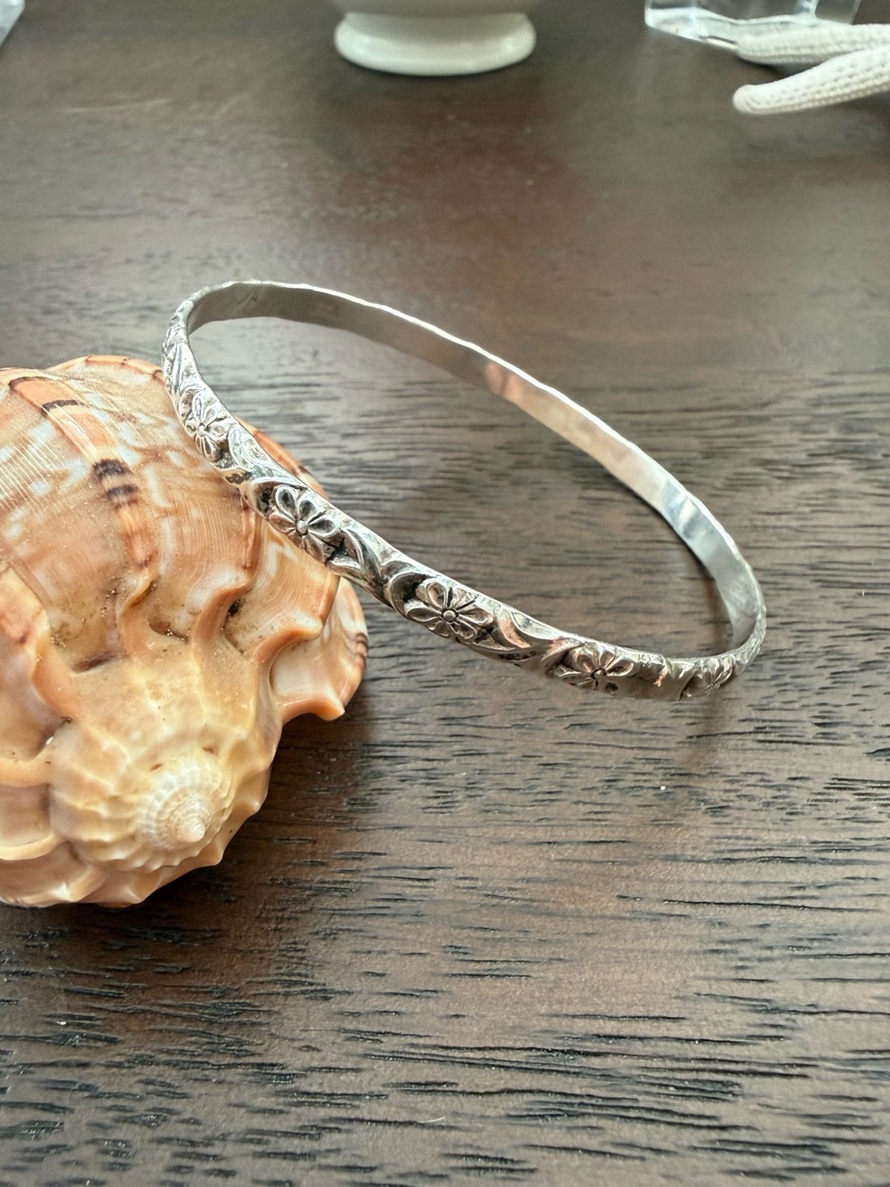 Solid sterling silver bangle bracelet - engraved floral signed Beau Sterling